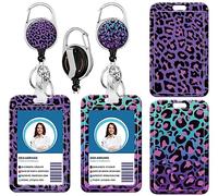 Retractable Badge Reels Heavy Duty Badge Holder Carabiner Reel Clip Identity ID Badge Holder Case for Nurse Doctor Student Teacher Office School(2Pcs Purple Leopard)