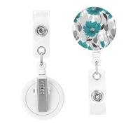 Retractable Badge Reels Teal Grey and White Floral Badge Holders ID Card Badge Holder with Alligator Clip ID Badge Holder for Women Men Hanging Badge Clip for Office Doctor Worker