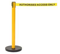 Retractable Barrier Tape, Queuing Pull Out Safety Belt, Black Base (Yellow Post, Authorised Access Only' Belt)