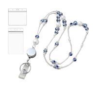Retractable Beaded Badge Lanyard Fashion Pearl Bead Necklace Lanyard Long Crystal Keychain Necklace Strap Cute Name Tag Neck Strap with 2 Pcs Badge Card Sleeves Light Blue
