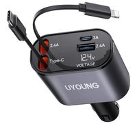 Retractable Car Charger 100W, 4 in 1 Fast Car Phone Charger, 2 Retractable Cables 31.5 Inch and 2 USB Ports, Compatible with iPhone 15/14/13/12/11 Pro