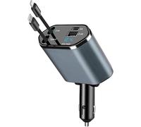 Retractable Car Charger 120W 4 in 1 Car Charger Adapter with Retractable Cables and Voltage DisplayWith USB/USB-C/Lightning Ports Compatible with i-Phone, Android, Samsung Galaxy,Apple - P001