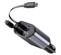 Retractable Car Charger,120W 4 IN 1 Super Fast Car Charger Adapter, Car Phone Charge with 2 Retractable Cable + USB/USB-C Ports and Voltage Display for i-Phone 16 15, i-Pad, Android etc