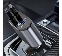 Retractable Car Charger, 120W Super Fast4 IN 1 Car Charger Adapter, Car Phone Charge with 2 Retractable Cable + USB/USB-C Ports and Voltage Display for i-Phone 16 15, iPad, Android etc