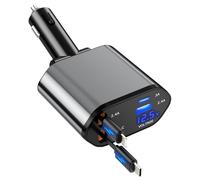 Retractable Car Charger, 4 in 1 Fast Charging Car Charger USB-C & USB-A Compatible with iPhone 16/15/14/13/12/11/X,Galaxy,Pixel