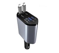 Retractable Car Charger, Car Phone Charge, Cigarette Lighter USB Charger, 4 in 1 Car Charger Adapter, 120W Super Fast with Retractable Cables and Voltage Display with i-P-hone, Android, Samsung