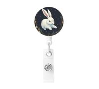 Retractable Cute White Rabbit Badge Holder, Retractable Badge Reel Clips and Id Card Holder, Suit for Offices, Teachers, Students, Nurses.