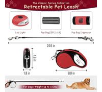 Retractable Dog Lead 8m/26FT for Medium/Large Dogs up to 50kg/110lbs - Heavy Duty Extendable Dog Lead with Chew-Proof Cable, LED Light, Poop Bag Dispenser, One-Hand Brake (Pink)