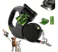 Retractable Dog Leash with Light, The Flowleesh Dual Dog Leash with 360° No-Tangle Swivel, Retractable Length, LED Light & Poop Bag Holder, Flowleash Heavy Duty No Tangle Double Leashs (Black)