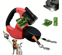 Retractable Dog Leash with Light, The Flowleesh Dual Dog Leash with 360° No-Tangle Swivel, Retractable Length, LED Light & Poop Bag Holder, Flowleash Heavy Duty No Tangle Double Leashs (Red)