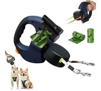 Retractable Dog Leash with Poo Bag Holder - 3m/10ft, 360° Tangle-Free Double Dog Walker for 2 Medium Dogs | LED Light & 2 Rolls of Pet waste bags | For Dogs up to 55lbs/25kg (Blue)