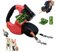 Retractable Dog Leash with Poo Bag Holder - 3m/10ft, 360° Tangle-Free Double Dog Walker for 2 Medium Dogs | LED Light & 2 Rolls of Pet waste bags | For Dogs up to 55lbs/25kg (Red)