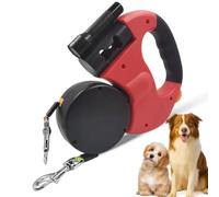Retractable Dual Dog Leash with LED Light, Double Dog Lead for Walking 2 Dogs No Tangle 360 Swivel, 3m Reinforced Reflective Leash with Torch and Rubbish Box, One-Hand Brake (Red)