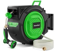 Retractable Garden Hose Reel, 1/2 in x 100 ft Automatic Slow Rewind System & Any Length Lock, Heavy Duty Wall-Mounted Hose Reel with 180° Swivel Bracket,10-Pattern Nozzle for outside Watering,Cleaning
