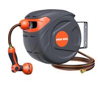 Retractable Garden Hose Reel 1/2 inch 50 ft,9 Pattern Nozzle Wall-Mounted Any Length Lock Automatic Slow Return 180° Swivel UV Resistant Hose Reels for Outside Garden Lawn