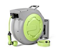 Retractable Garden Hose Reel 1/2" x 45m + 2m Wall Mount Auto Reel for Outside with 10 Pattern Nozzle, Lock Any Length, 180°Swivel, Automatic Slow Rewind System