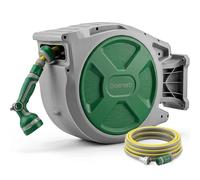 Retractable Garden Hose Reel, 25+2m Auto Reel Wall-Mounted Hosepipe, 10 in 1 Spray Nozzle,Auto Rewind, Any Length Lock, 180° Pivoting, Hose and Wall Fixings Accessories