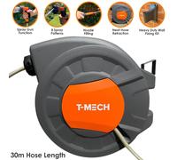 T-Mech Hose Pipe Reel Auto Rewind 30m + 2m, Wall-Mounted 8 Spray Nozzle Gun, Neat Retractable Hose-Pipe with Bracket and Fixings, 180° Pivot