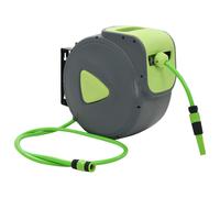 Retractable hose reel 30+2m PVC hose 1/2" 3/4" fitting Green/Grey PP case auto.