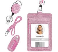 Retractable ID Badge Holder, Multipurpose Bling Rhinestone Badge Reel with Belt Clip, Shiny PU Leather Badge Holder with Lanyard and Pen Holder for Nurse, Teacher, Student, Office Worker (Pink)