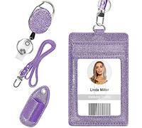 Retractable ID Badge Holder, Multipurpose Bling Rhinestone Badge Reel with Belt Clip, Shiny PU Leather Badge Holder with Lanyard and Pen Holder for Nurse, Teacher, Student, Office Worker (Purple)