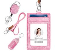 Retractable ID Badge Holder, Multipurpose Bling Rhinestone Badge Reel with Belt Clip, Shiny PU Leather Badge Holder with Lanyard and Pen Holder for Nurse, Teacher, Student, Office Worker
