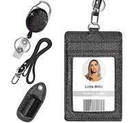 Retractable ID Badge Holder, Multipurpose Bling Rhinestone Badge Reel with Belt Clip, Shiny PU Leather Badge Holder with Lanyard and Pen Holder for Nurse, Teacher, Student, Office Worker (Black)
