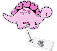 Retractable ID Badge Holder, Nurse Badge Holder with Cute Design, Badge Reel with Clip for Nurses, Doctors, Volunteers (Pink Dinosaur)
