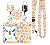 Retractable ID Badge Holder & Retractable Lanyard for Teacher, Nurse - Cute ID Badge Clip, Vertical Card Protector with Keychain for Hospital School Office (Colorful Daisy Delight)