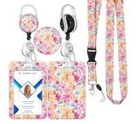 Retractable ID Badge Holder & Retractable Lanyard for Teacher, Nurse - Cute ID Badge Clip, Vertical Card Protector with Keychain for Hospital School Office (Spring Blossom Bliss)