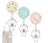 Retractable ID Badge Holder - Secures Work ID Cards 3 Pack with Floral Round Look, 11 x 16 cm Size + Smooth Nylon Wire, Solid Stainless Steel Clip Hardware - For Nurses and Office