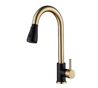 Retractable Kitchen Faucet, Pull-Down Bathroom Sink Mixer Tap, Hot & Cold Water Mixer with Spray Head, Brushed Gold & Black Finish, Modern Design for Home & Kitchen