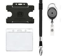 Retractable Lanyard and Badge Holder 4 Piece Pack by PCL Media Ltd - Set Includes A Single Plain Lanyard, Extendable Carabiner Yoyo Reel Clip Clear ID Pocket and Rigid ID Card Holder (Black)