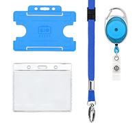 Retractable Lanyard and Badge Holder 4 Piece Pack by PCL Media Ltd - Set Includes A Single Plain Lanyard, Extendable Carabiner Yoyo Reel Clip Clear ID Pocket and Rigid ID Card Holder (Blue)