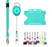Retractable Lanyard and Badge Holder Trio Triple Pack by LanyardsTomorrow - Set Includes A Single Plain Lanyard, Extendable Carabiner Yoyo Reel Clip and Rigid ID Card Holder (Turquoise)