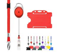 Retractable Lanyard and Badge Holder Trio Triple Pack by LanyardsTomorrow - Set Includes A Single Plain Lanyard, Extendable Carabiner Yoyo Reel Clip and Rigid ID Card Holder (Red)
