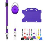 Retractable Lanyard and Badge Holder Trio Triple Pack by LanyardsTomorrow - Set Includes A Single Plain Lanyard, Extendable Carabiner Yoyo Reel Clip and Rigid ID Card Holder (Purple)