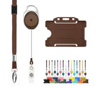 Retractable Lanyard and Badge Holder Trio Triple Pack by LanyardsTomorrow - Set Includes A Single Plain Lanyard, Extendable Carabiner Yoyo Reel Clip and Rigid ID Card Holder (Brown)