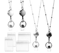 Retractable Lanyards for ID Badges, 2 Pcs Stainless Steel Teacher Lanyard with ID Holder Chain Badge Lanyard with 4 Waterproof Cardholder for Office Women Nurse Cruise Ship (Black, Silver)