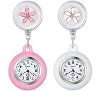 Retractable Nurse Fob Watch for Nurses Doctors Paramedics, 2 Pcs Luminous Clip-on Hanging Lapel Pocket Watches with Cute Flower Pattern, Pointer Glow in Dark(Pink & White)