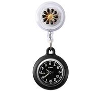 Retractable Nurse Fob Watch, Luminous Clip-on Hanging Lapel Pocket Watches with Cute Flower Pattern, Pointer Glow in Dark for Nurses Doctors Paramedics (Black)
