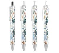 Retractable Pens for Men Women, Under Sea Ocean Starfish Shell Coral Crab Watercolor Ballpoint Pens 0.5mm Refillable Ink Pens for Office Worker, Teacher, Writers, 4 Pcs