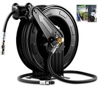Retractable Pressure Washer Hose Reel, Heavy Duty Steel Professional Power Wash Hose Reel ，Double Arm 50FT x 3/8" with 5 ft Lead for Water/Air/Oil，4000 PSI [Pressure cleaning hose not included ]