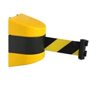 Retractable Queue Barrier Post, Black & Yellow Plastic Warning Tape with Magnetic Suction Cup, Crowd Control Line Divider, Sturdy Queue Management Solution.
