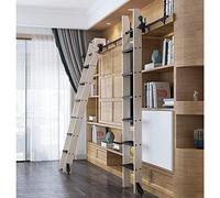 Retractable Rolling Ladder Kit, Black Steel Sliding Ladder Hardware, Home/Office/Library Barn Style Kit, With Floor Rack