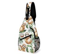 Retractable Side Pocket Chest Crossbody Cute Sloth Coconut Palm Leaves Crossbody Bag Waterproof Sling Backpack For Travel, Business, Gym