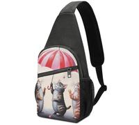 Retractable Side Pocket Crossbody Bag Cute Cats Dancing With Umbrella Print Gym Daypack Anti Theft Strap Daypack For Business, Running, Office