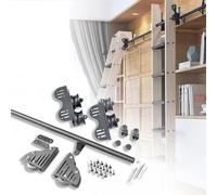 Retractable Sliding Library Ladder Hardware Kit, Telescopic Rail, Black Steel Rolling System with Floor Wheels and Brakes, for High Shelves