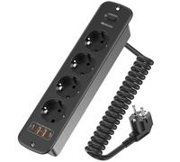 Retractable Socket 4-Way with 4 USB (2 x USB-A + 2 x USB-C) and Switch, Built-in Socket for Table Top with 2 m Spiral Cable, 4000 W/16 A, for Office, Home Office and Kitchen, Black