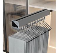 Retractable Wardrobe Pull Out Clothes Hanger Rail with Acrylic Mirror Handle Aluminum Alloy Double Row Slide Rail 30kg Bearing Capacity Grey 32.5cm